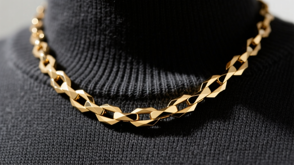 Close-up of a 5mm gold PVD Dante necklace on a dark charcoal crewneck sweater, highlighting the beveled interlocking flat links