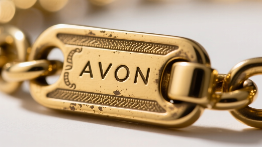 Extreme close-up of the back of an Avon gold chain clasp showing the stamped copyright AVON hallmark and brass base metal wear