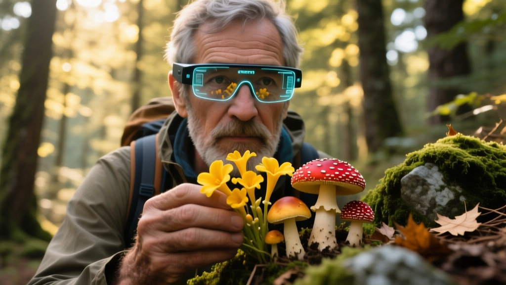 Close-up of a hiker using AI-powered smart glasses to identify edible mushrooms in a dense, sunlit pine forest ecosystem