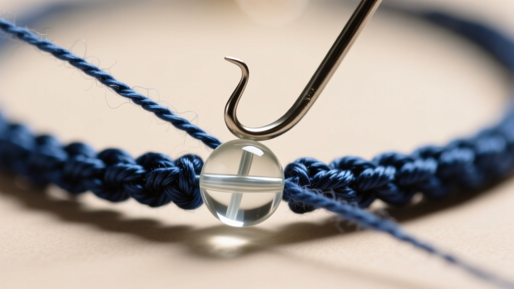 Macro shot of a tubular crochet and bead necklace in progress, a steel hook pulling waxed nylon thread through a glass seed bead.