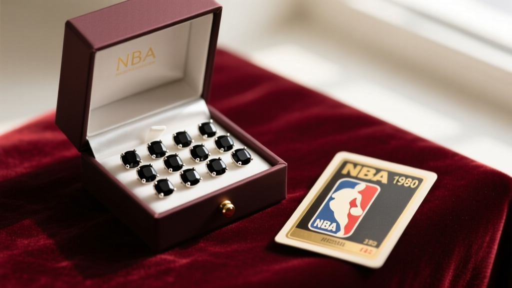 Flat lay gift box with 18g black onyx basketball stud earrings on velvet display, resting next to a vintage sports trading card.