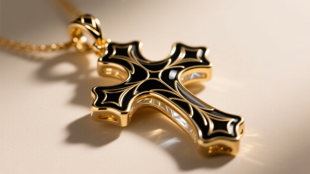 Black vitreous enamel guilloché on an 18k gold Gothic cross pendant, showing translucent glass fused over engine-turned metal