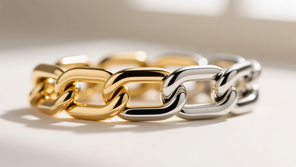 Macro shot of a two-tone 18k gold and rhodium silver paperclip chain clasp, highlighting the seamless transition between metals