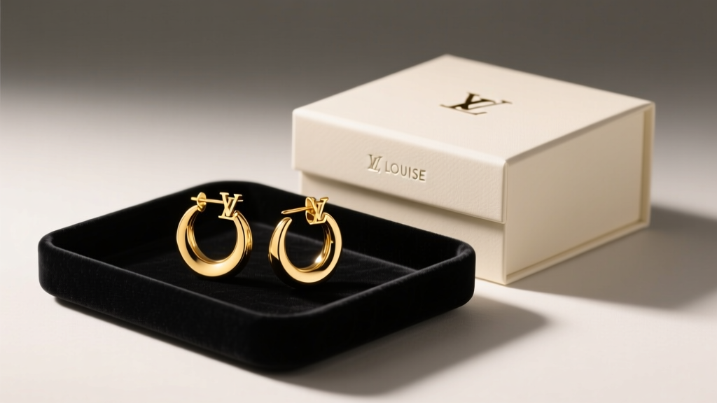 18k yellow gold LV Louise hoop earrings on a black velvet tray beside a gift box, illuminated by soft, warm studio lighting.