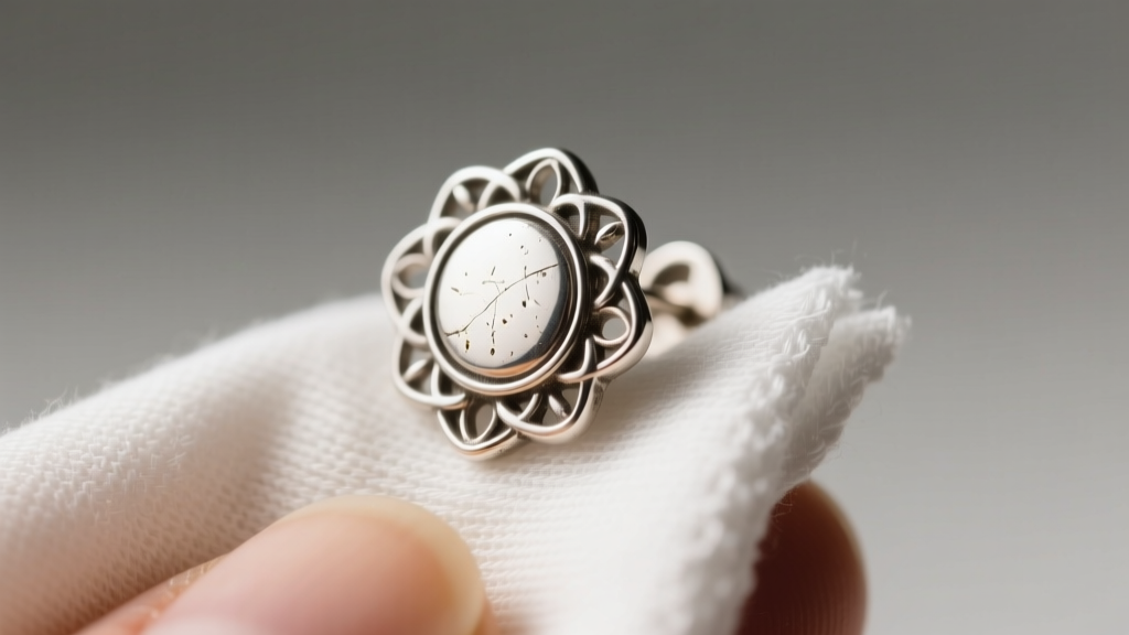 Close-up of a tarnished 925 silver stud earring being gently polished with a microfiber cloth under warm, diffused studio lighting