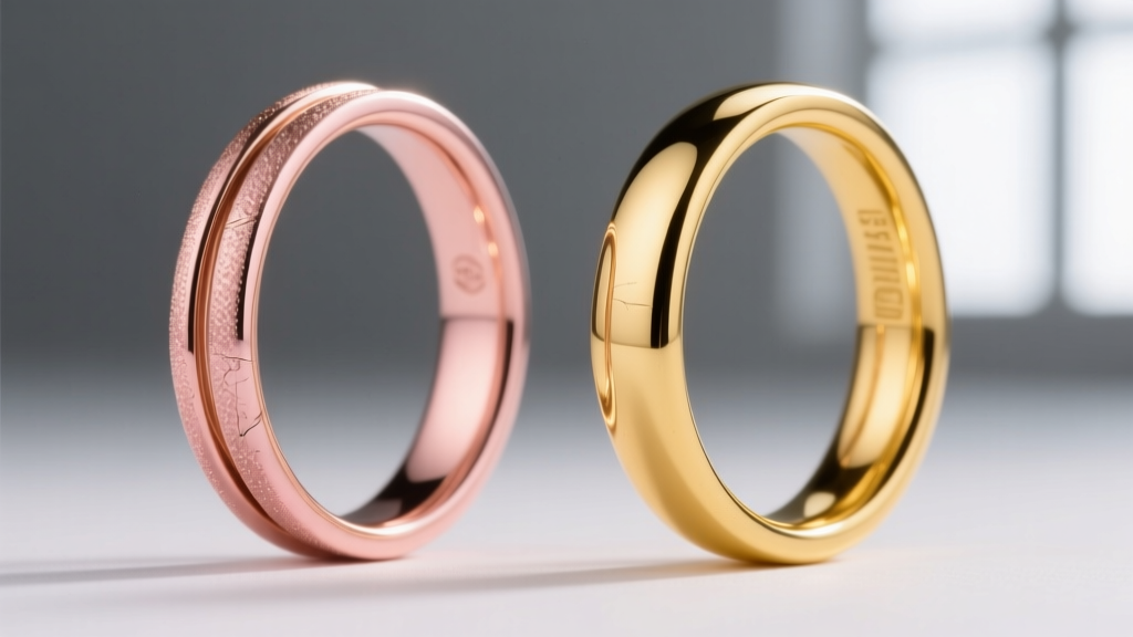 Side-by-side macro comparison showing surface texture differences between polished 14k rose gold and 18k yellow gold hoop wires.