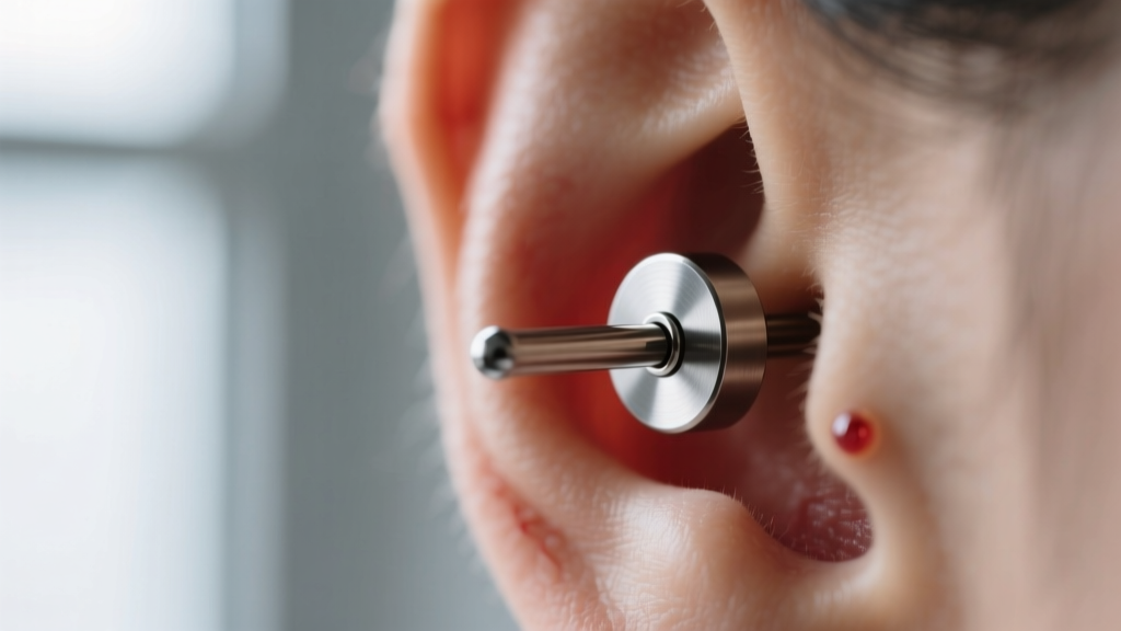 Macro photography of a 16-gauge titanium flat-back labret stud in a helix piercing, showing a small irritation bump on cartilage.
