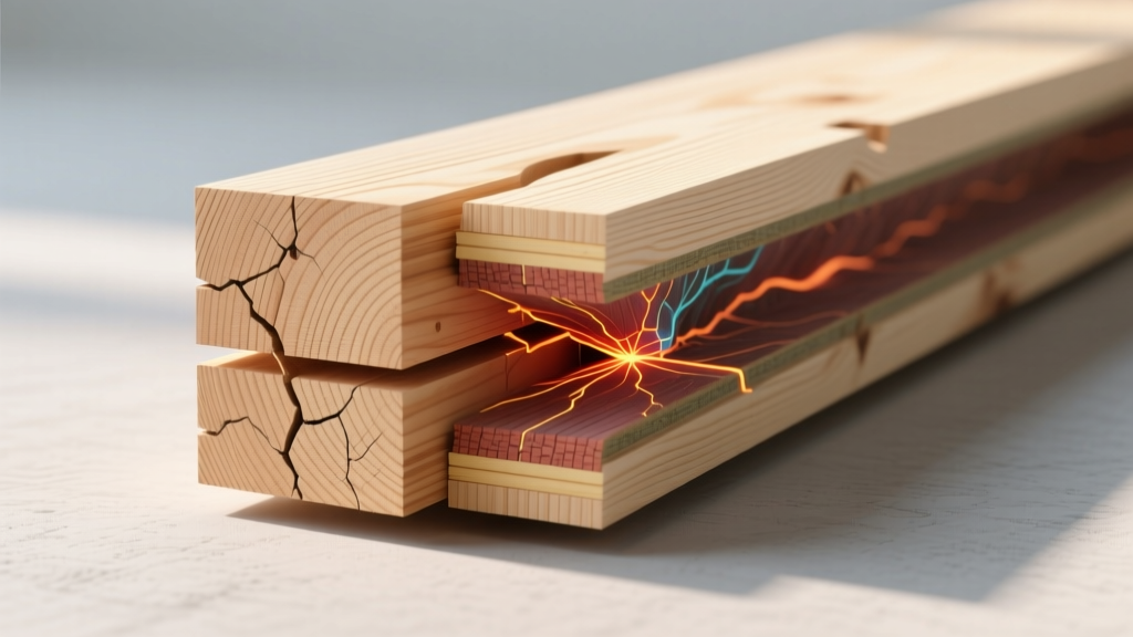 Cross-section diagram showing the grain orientation and stress points in a glued laminated timber beam under heavy load
