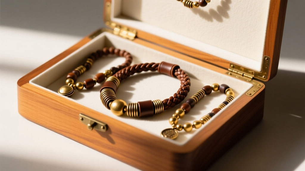 Wooden jewelry box lined with anti-tarnish cloth, carefully storing braided leather and brass African trade bead necklaces.