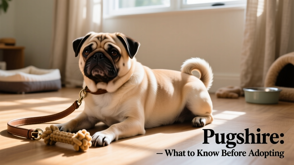 A calm, mature Pugshire resting beside a leash and chew toy, showing relaxed posture and healthy coat