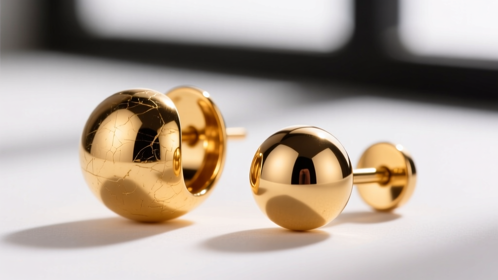 Macro shot comparing a highly polished 18k gold sphere earring with minor surface scratches next to a flawless 14k gold ball stud.