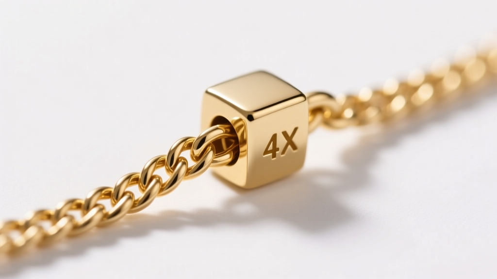 Macro shot of a 1.2mm 14k gold rope chain attached to a 4x6mm hidden bail on a modular charm, sharp focus, bright studio light