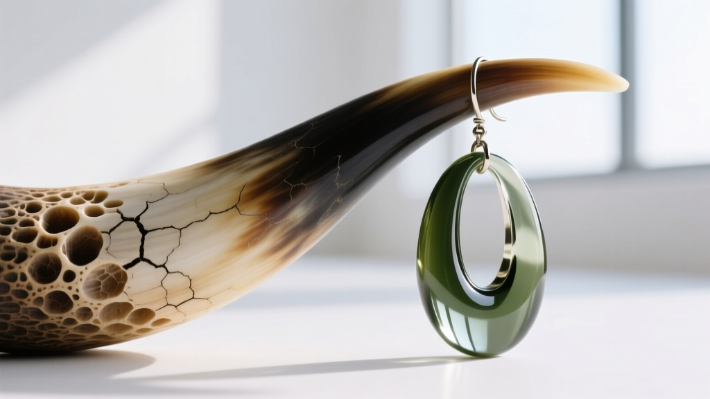 Macro photography comparing the porous texture of carved organic horn to the smooth surface of a synthetic resin earring horn.