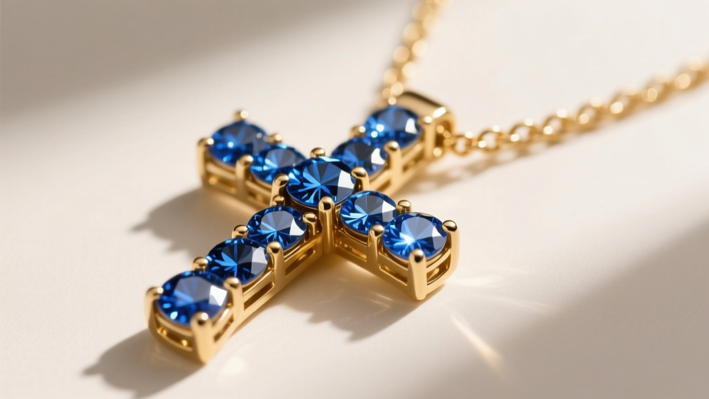 Macro shot of a colorful cross necklace with prong-set lab sapphires on a gold chain, highlighting metalwork and vivid gem facets