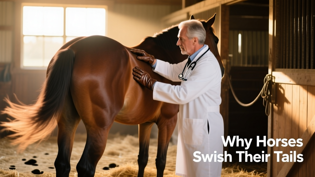 Veterinarian gently examining a horse's back while the horse stands quietly in a stall