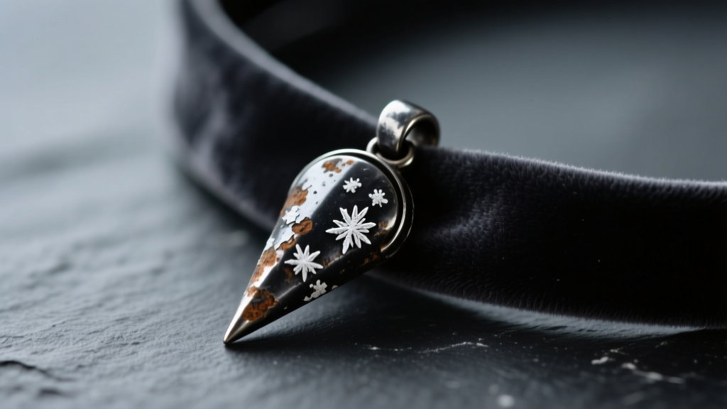 Close-up of tarnished black zinc alloy spike pendant on velvet choker showing white oxidation crust on a dark slate surface.
