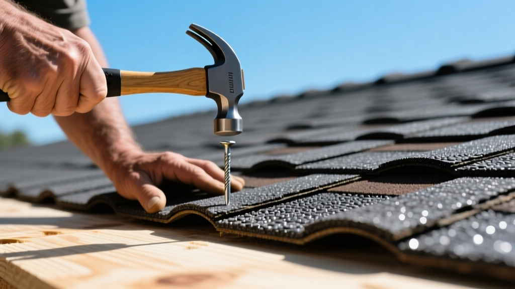 Close-up of a roofing contractor nailing dark charcoal architectural asphalt shingles onto a plywood roof deck under bright sunny skies.