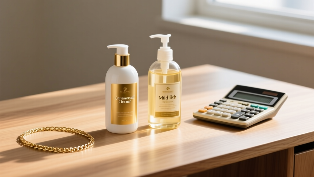 Commercial jewelry cleaner and mild dish soap bottles on a wooden desk, next to a calculator and a delicate gold chain necklace