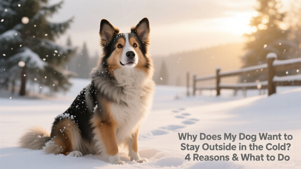 A medium-sized dog with thick double coat sitting comfortably in light snow, looking alert and content