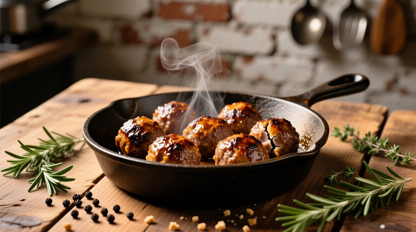 Perfectly browned meatballs in cast iron skillet