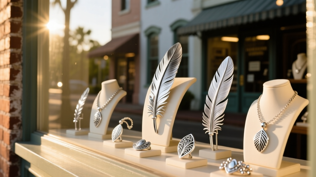 Historic St. Augustine shop window displaying handcrafted sterling silver feather jewelry pieces in warm Florida sunlight.