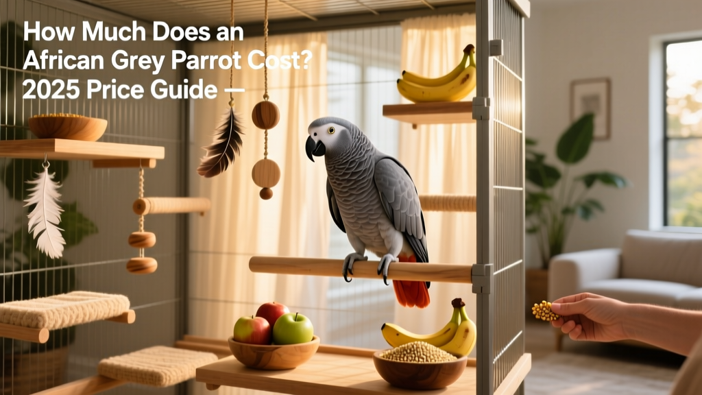 Well-equipped African Grey habitat showing a large cage with varied perches, hanging toys, and fresh food bowls