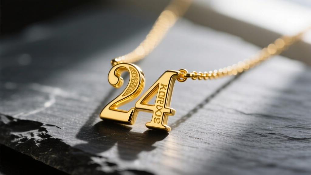 Macro shot of a 24k gold initial necklace on dark slate, showing the rich yellow hue and soft metallic luster of pure gold jewelry