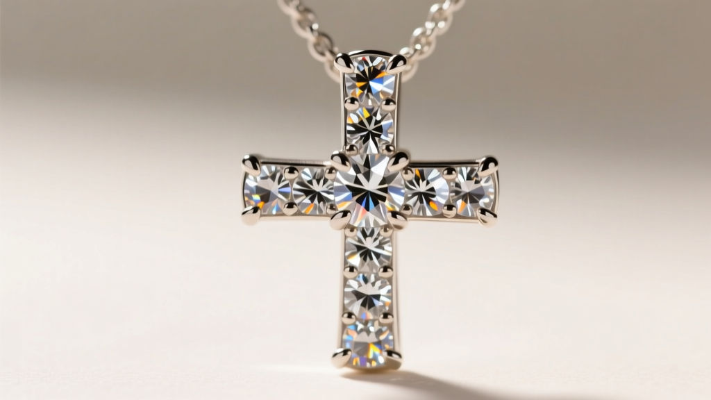 Macro photography of a pave-set moissanite cross pendant, highlighting the intricate micro-prongs and VVS clarity stones