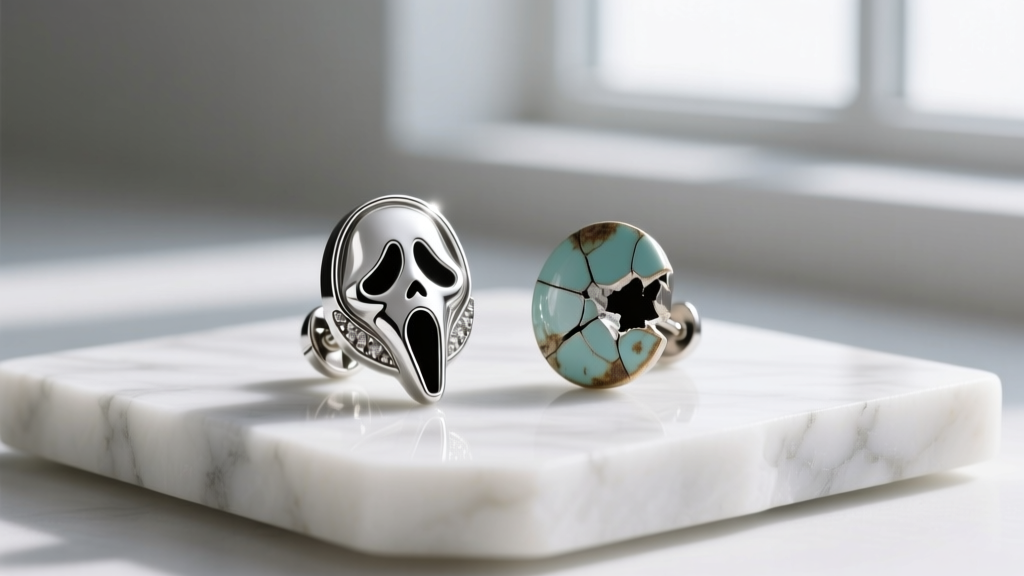 Pristine Ghostface stud earring beside a damaged piece with chipped enamel and tarnished silver, resting on a white marble slab.