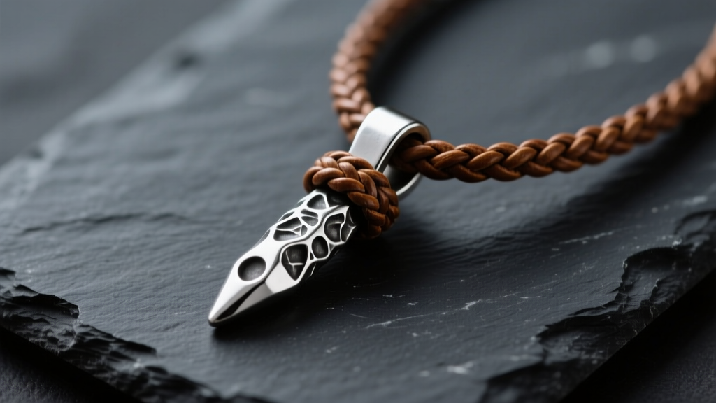 Sterling silver climbing piton pendant necklace on dark slate, showing textured metal crevices and a braided leather cord