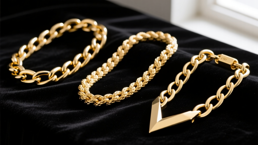 Macro shot comparing three gold chain styles: a flat Cuban link, a braided Rope chain, and a V-shaped Franco chain on dark velvet