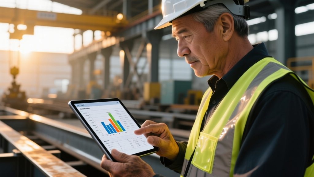 Close-up of a structural engineer reviewing a mill test report and ASTM specification charts on a tablet at a steel fabrication yard