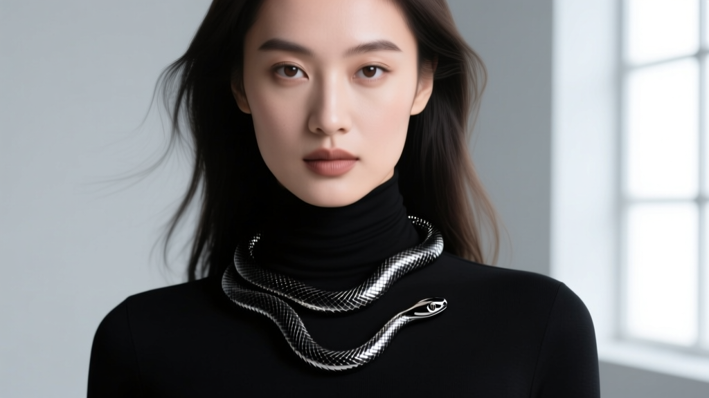 Model wearing a reputation snake necklace over a dark turtleneck, highlighting the liquid metal drape and black rhodium finish