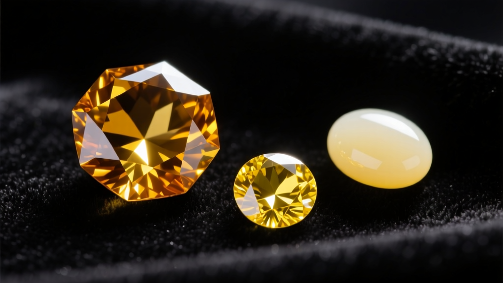 Macro shot of three loose gems on dark velvet: faceted citrine, brilliant-cut yellow sapphire, and pale yellow chalcedony cabochon