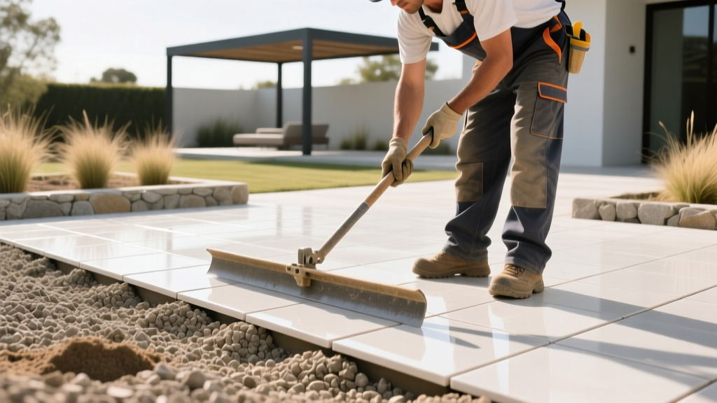 Landscaper leveling a compacted crushed gravel base before laying 20mm porcelain pavers for a modern outdoor patio flooring project