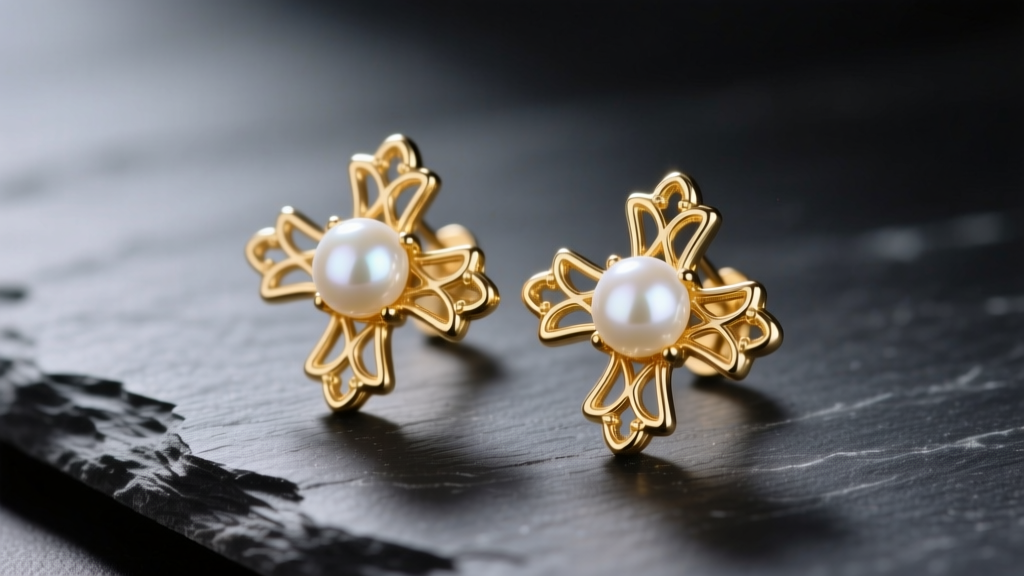 Macro shot of 14k gold cross pearl earrings with white freshwater pearls resting on dark slate under soft studio lighting