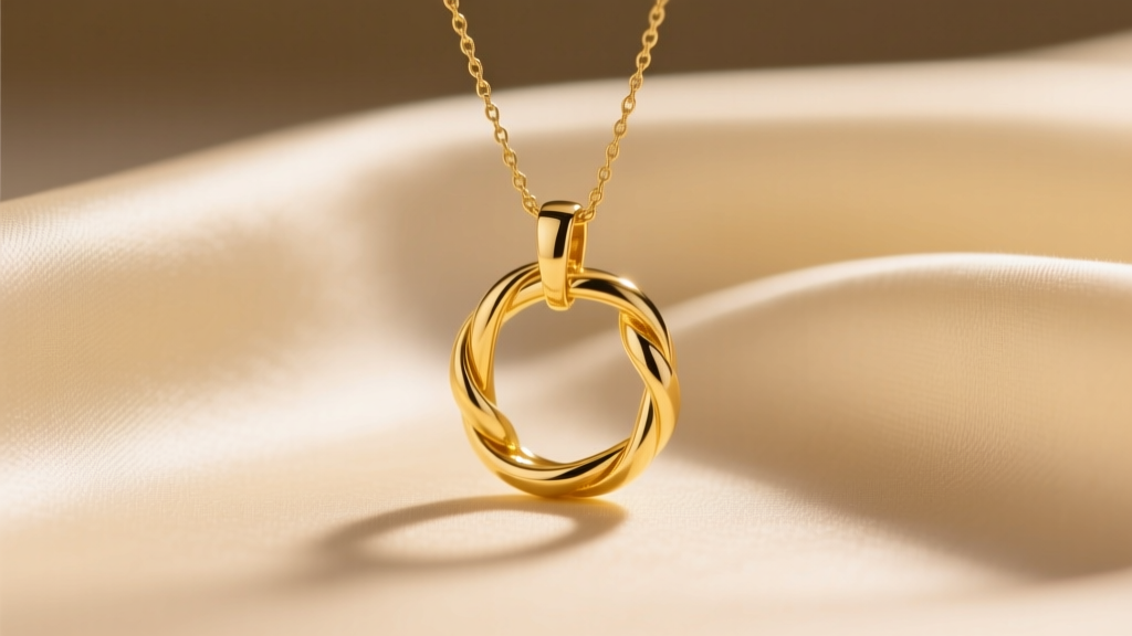 A 14k yellow gold interlocking ring pendant on a 1.2mm cable chain resting on cream silk fabric under soft, warm studio lighting.
