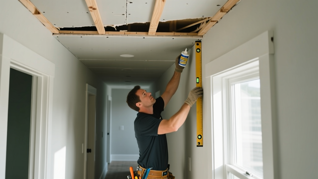Contractor repairing a sagging 1/4-inch thin gypsum board ceiling using wooden furring strips and drywall adhesive in a residential hallway