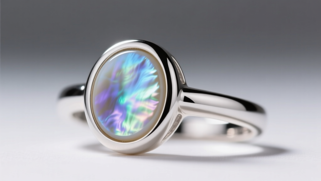 Close-up of a silver ring with mother of pearl inlay, showing seamless metal-to-shell transitions and a bright reflective polish.