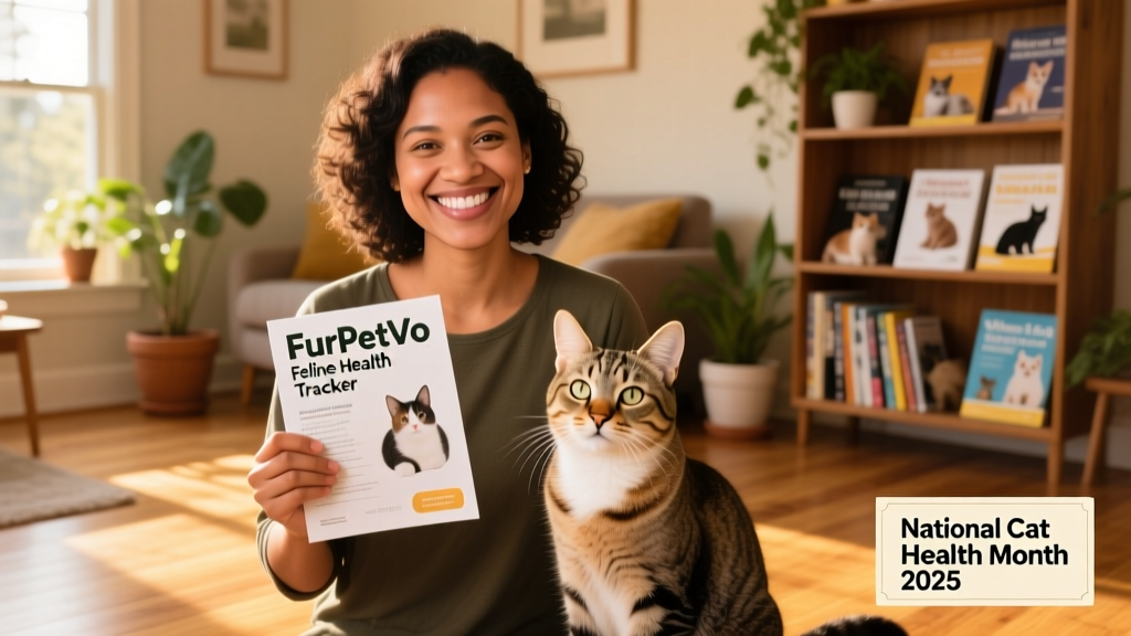 A smiling person holding a printed copy of the FurPetVo Feline Health Tracker next to a calm, curious cat