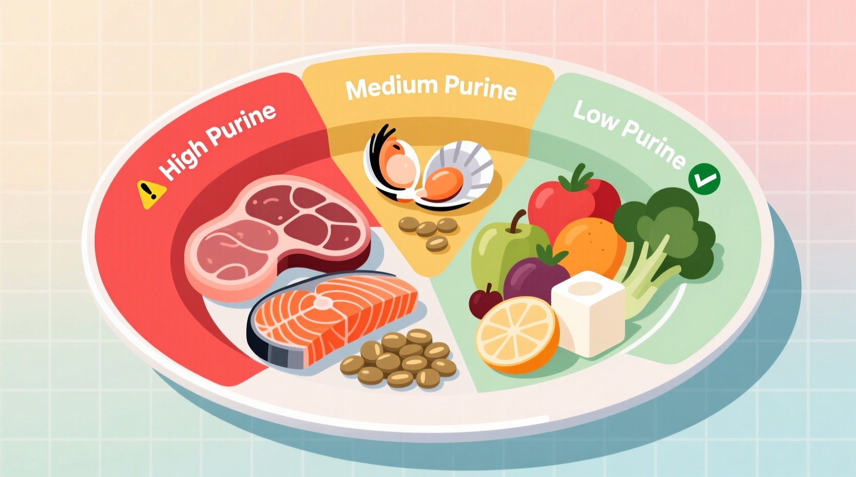 Colorful plate showing high, medium, and low purine food options