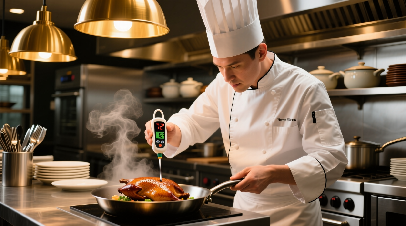 Professional chef checking food temperatures with thermometer