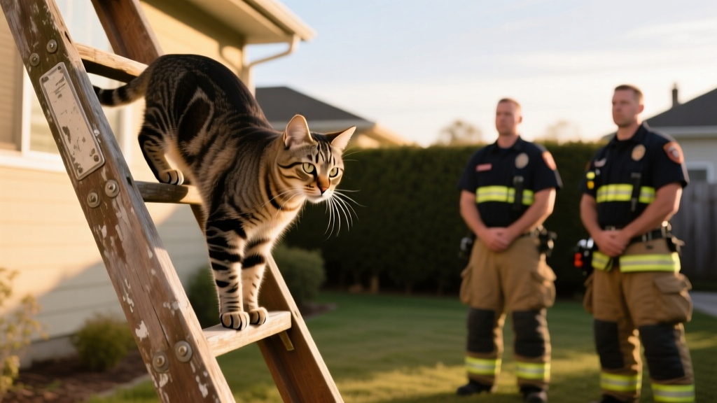 Cat Casually Descends Ladder Without Any Help From Firefighters Who Came To Her Rescue