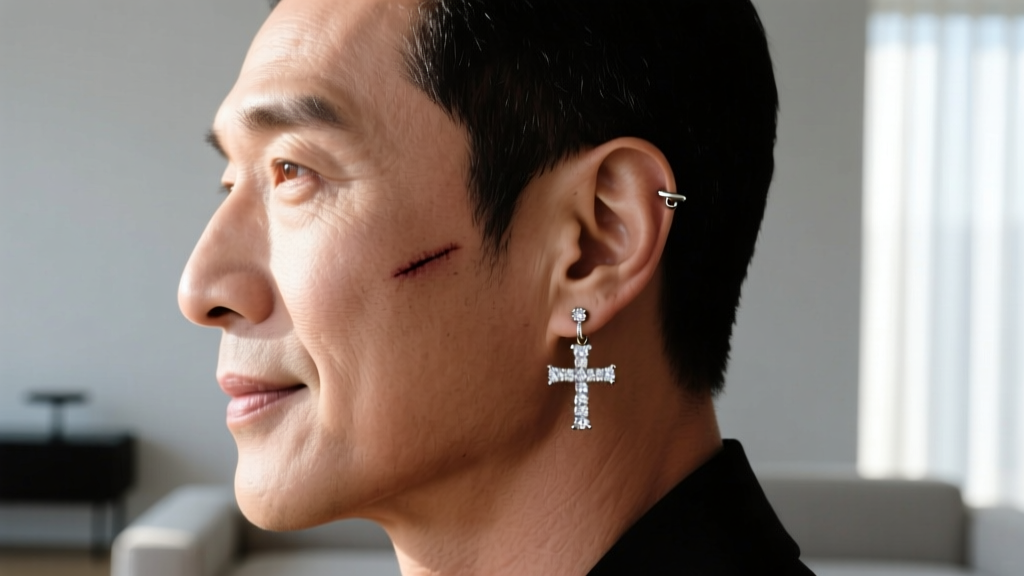 Side profile of a man with a healed cartilage piercing featuring a small 16-gauge white gold diamond pave cross huggie earring