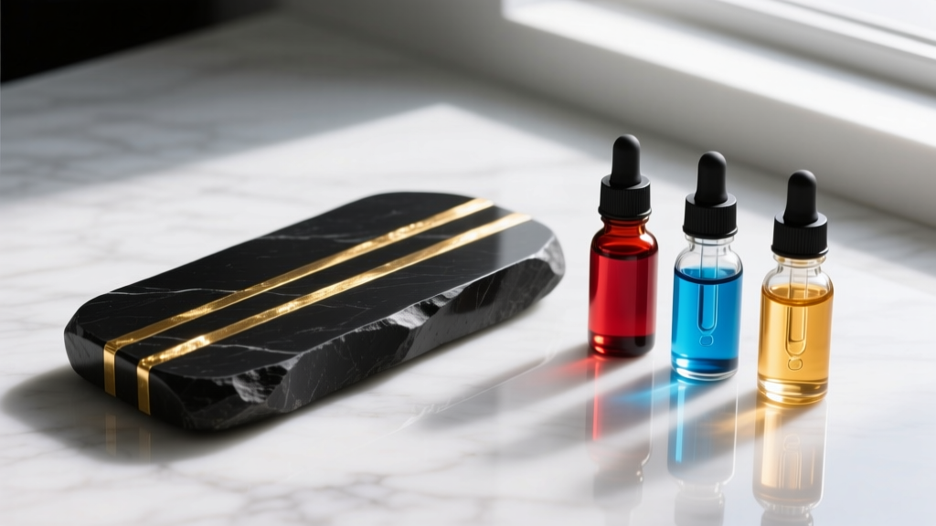 Black basalt touchstone with three gold streaks next to small glass dropper bottles of nitric acid testing solution for karats.