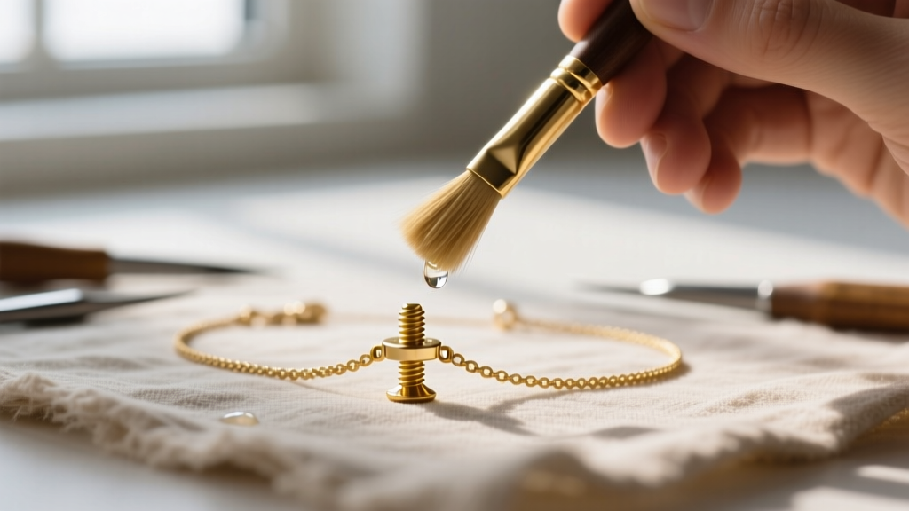 Jeweler using a soft brass brush and distilled water to clean the threaded screw joint of a gold vermeil charm necklace.