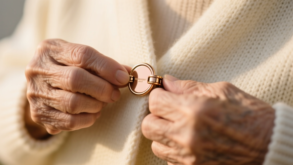 Elderly hands gently connecting a sleek rose-gold magnetic clasp against a soft cream knit sweater in warm light.