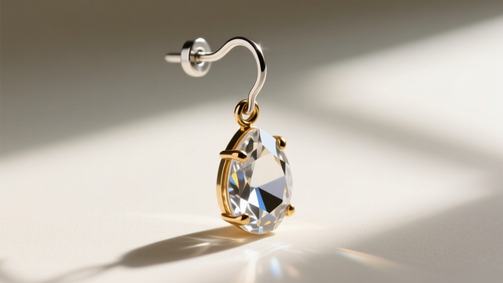 Side profile of a repaired vintage crystal drop earring featuring a newly soldered sterling silver post and polished brass prongs