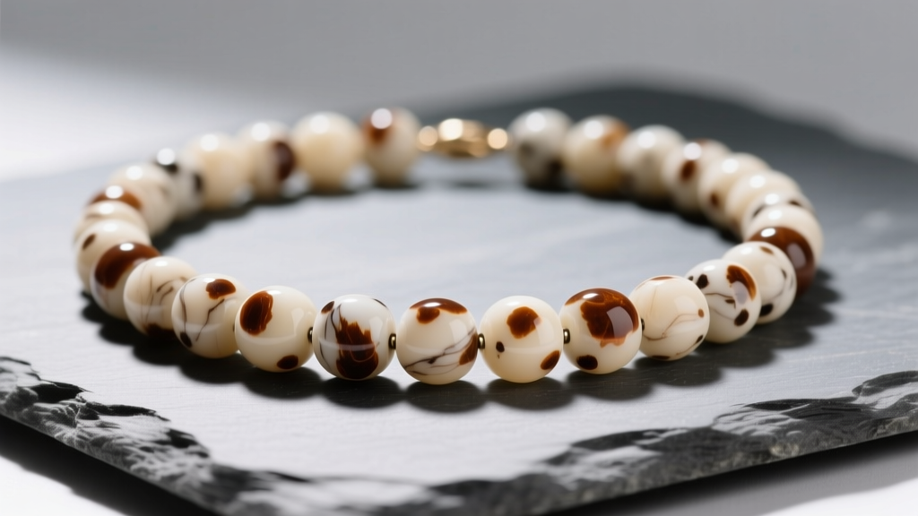Close-up of a Dalmatian jasper bead necklace on slate, showing the cream matrix and brown iron oxide spots in soft light.
