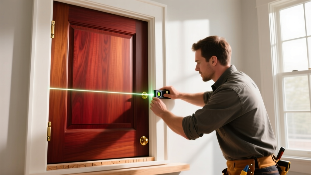 Carpenter aligning a solid mahogany door in a white oak frame with a laser level, wood shims and brass hinge screws visible